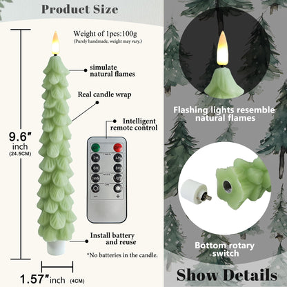 FCMSHAMD Light Green Christmas Trees Flickering Flameless Candles with Remote and Timer, Real Wax 3D Flame Wick LED Candles, 9.8 Inch Battery Operated Candles for Christmas Home Decoration，4PCS