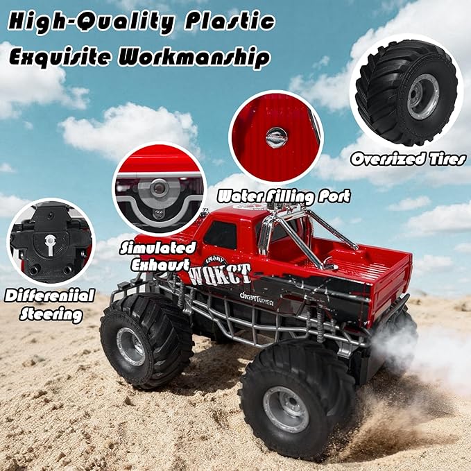 Highspeed Entry Level red rc Monster Truck with Light Spray 2.4GHz Upright 360 Rotate 4WD Monster Trucks rc Cars 20+ KM/H Monster Trucks 70min (Max) RuntimeEaster Birthday Gift Toddler Toys 8-12