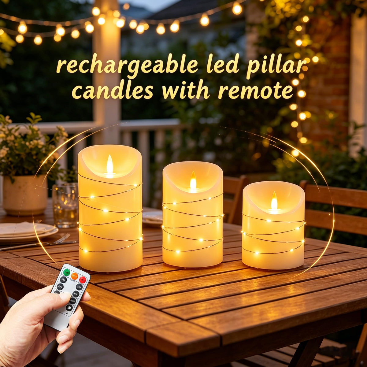 haitanghua Rechargeable Flameless Candles Set of 3, Real Wax LED Pillar Candles with Flickering Flame & Fairy String Lights, USB Rechargeable, Remote Control & 2/4/6/8H Timer, Ivory