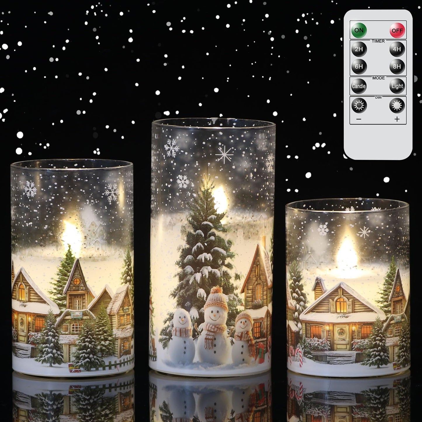 Lasumora Snowman Family and Snowy Cabin Scene Themed Glass Flameless Candles with Remote Timer, Battery Operated LED Pillar Candles Real Wax for Home Décor Christmas Gifts, D3”x H4” 5” 6”