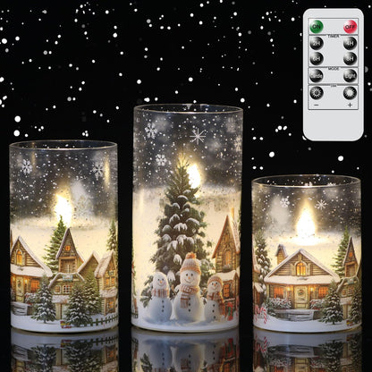 Lasumora Snowman Family and Snowy Cabin Scene Themed Glass Flameless Candles with Remote Timer, Battery Operated LED Pillar Candles Real Wax for Home Décor Christmas Gifts, D3”x H4” 5” 6”