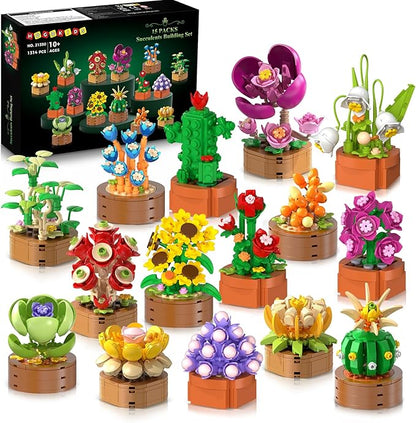 HOGOKIDS 15 Pack Flowers Succulents Mini Building Set for Adults Kids - 1314PCS Flower Plant Botanical Collection 3.6MM Bricks Toys Home Office Décor Easter Gifts for Women Boys Girls Age 6+