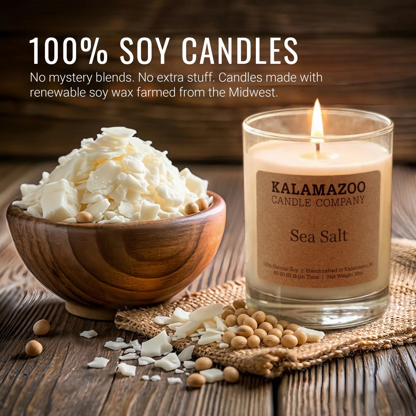 Kalamazoo Candle Company Hand-Poured Soy Wax Candle – 10oz Classic Jar, 60-80 Hour Burn Time – Made in USA, Highly Scented, Phthalate-Free (SEA Salt)