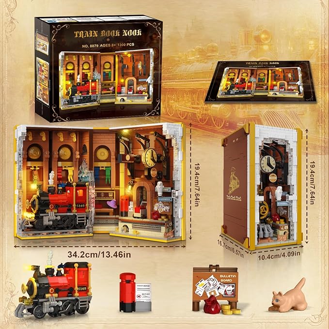 HOGOKIDS Magic Train Station Book Nook Building Set with Light 1300 PCS Booknook Building Toys for Bookshelf Home Decor DIY Miniature House Model Kit Gifts for Adults Boys Girls Age 10+