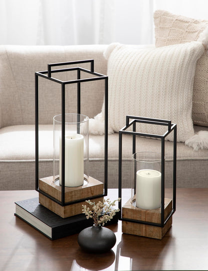 Kate and Laurel Brandt Farmhouse Two-Piece Candle Holder Set; 7 x 7 x 19; Hazelnut and Black; Transitional Wood and Metal Lantern Candle Holders for Fireplace Mantel Display