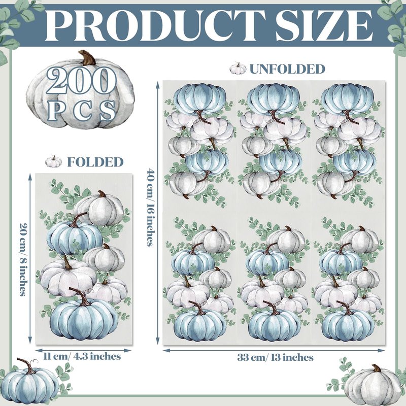 Jetec 200 Pcs Fall Napkins Thanksgiving Disposable Guests Paper Napkins White and Blue Pumpkin Disposable Hand Towels for Bathroom Thank You Gifts Decorative Napkins for Wedding Shower Birthday Party