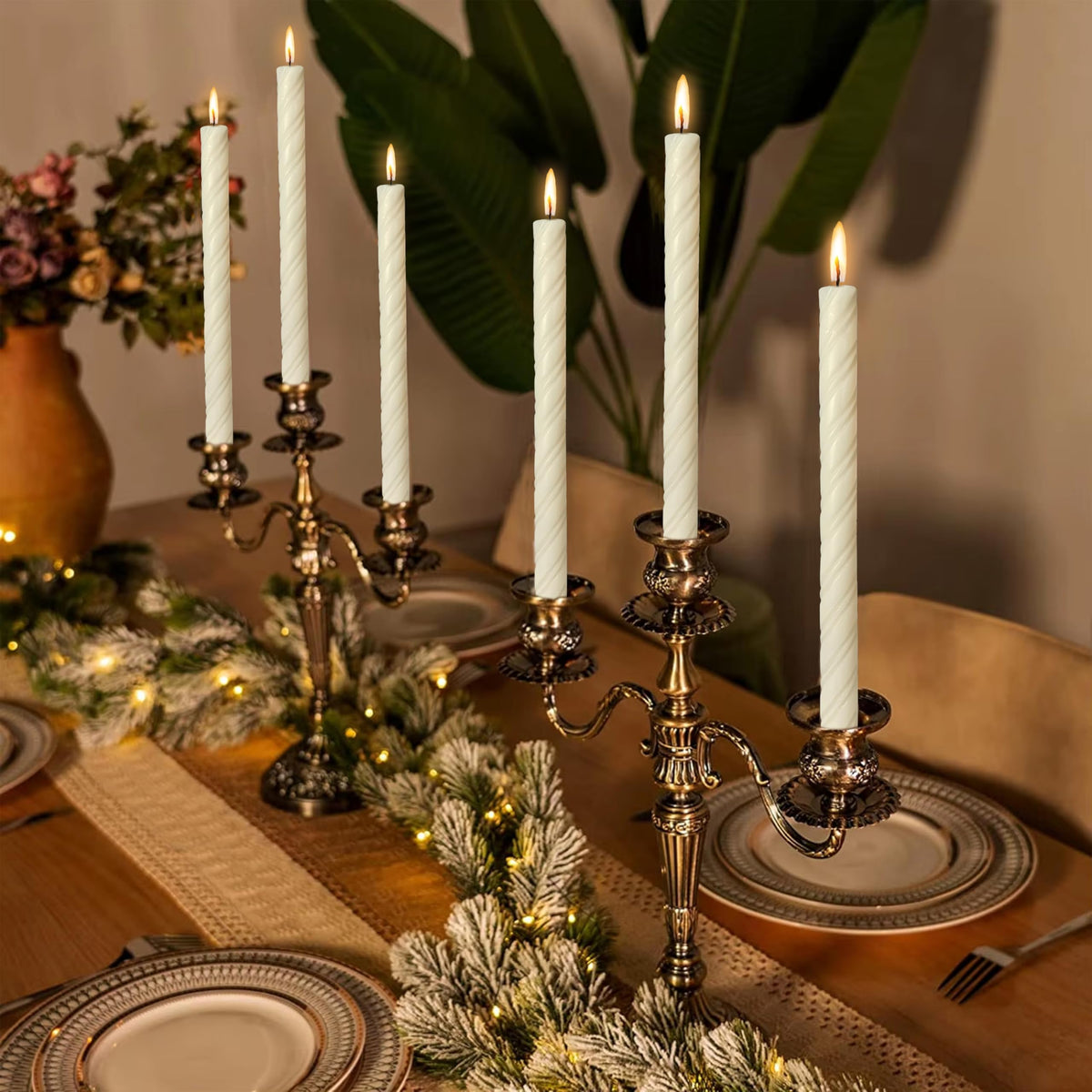 Unscented Taper Candles Dripless Ivory Yellow Spiral Candles Smokeless Long Dinner Candles 10 Inch Housewarming Candlesticks for Home Decoration