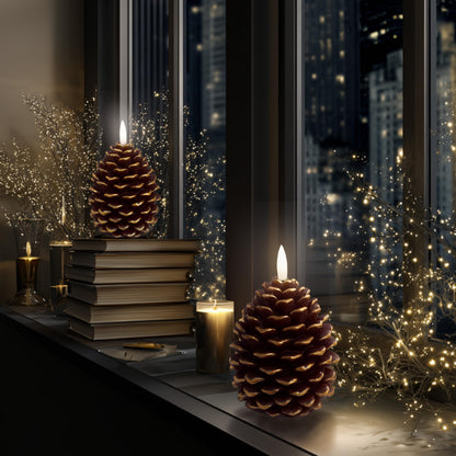 AXYLEX Pine Cone Candles Battery Operated, Pinecones with Remote and Timer, LED Flameless Real Wax Flickering Candle for Christmas Decor. H 5.5 Inch, Pack of 2 (Golden-Brown)
