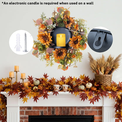 MOYEE Autumn Candle Holder Centerpieces for Tables,Candle Ring, Black Metal Candlestick with an Artificial Wreath 14 in Versatile Dining Table Centrepiece (Caramel Sunflower Wreath)