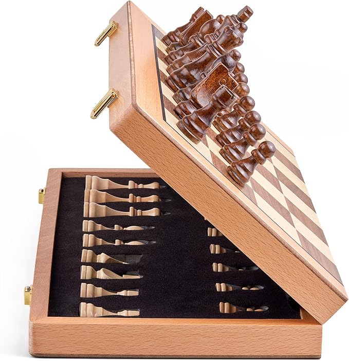 AMEROUS Magnetic Wooden Chess Set 15 Inches Handmade Wooden Folding Travel Chess Board Game Sets with Chessmen Storage Slots for Kids and Adults 2 Bonus Extra Queens Gift Box Packed