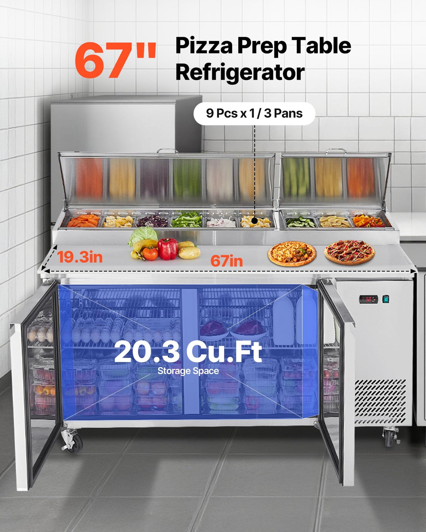 VEVOR 67"W Commercial Refrigerator, Pizza Prep Refrigerated Table, 19.3" Ultra Wide Countertop Food Prep Fridge, 20.3 Cu.Ft Single Door Salad Prep Fridge, 9 Pans Pizza Make Worktop with Cutting Board