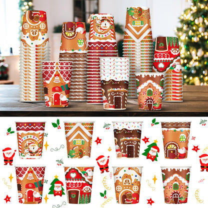 Zhehao 200 Pcs Christmas 9 oz Paper Cups Disposable Coffee Cups Santa Snowman Elk Disposable Hot Cups Xmas Party Drinkware Supplies for Holiday Tea Beverage Cocoa Cold Hot Drink (Gingerbread Style)