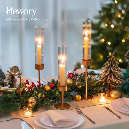 Hewory Gold Hurricane Candle Holders: Brass Candlestick Holders Set of 3 Tall Taper Candle Holders for Candlesticks Candle Sticks Holder Decor for Table Centerpiece Wedding Party Christmas Decorations