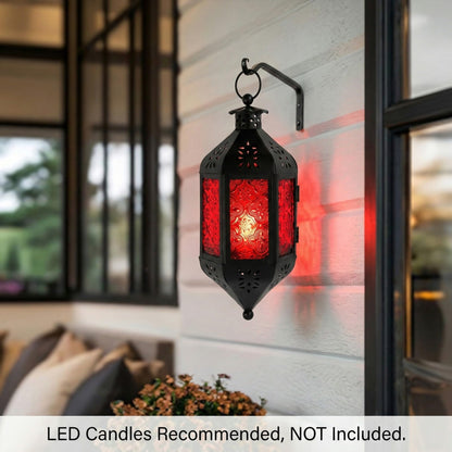 Vela Lanterns Hanging Moroccan Lamp - Exotic Decorative Patio & Porch Decor, Indoor Outdoor Tea Light Candle Lantern Holder with Chain (11" Medium, Red Glass)