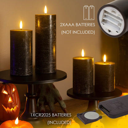 LUSHARBOR Halloween Flameless Candles, 4 Pack Battery Operated Halloween Candles with Remote, Wax LED Fake Pillar Candles Fireplace/Shelf Decor D3 H 5" 6" 7" 9" Black