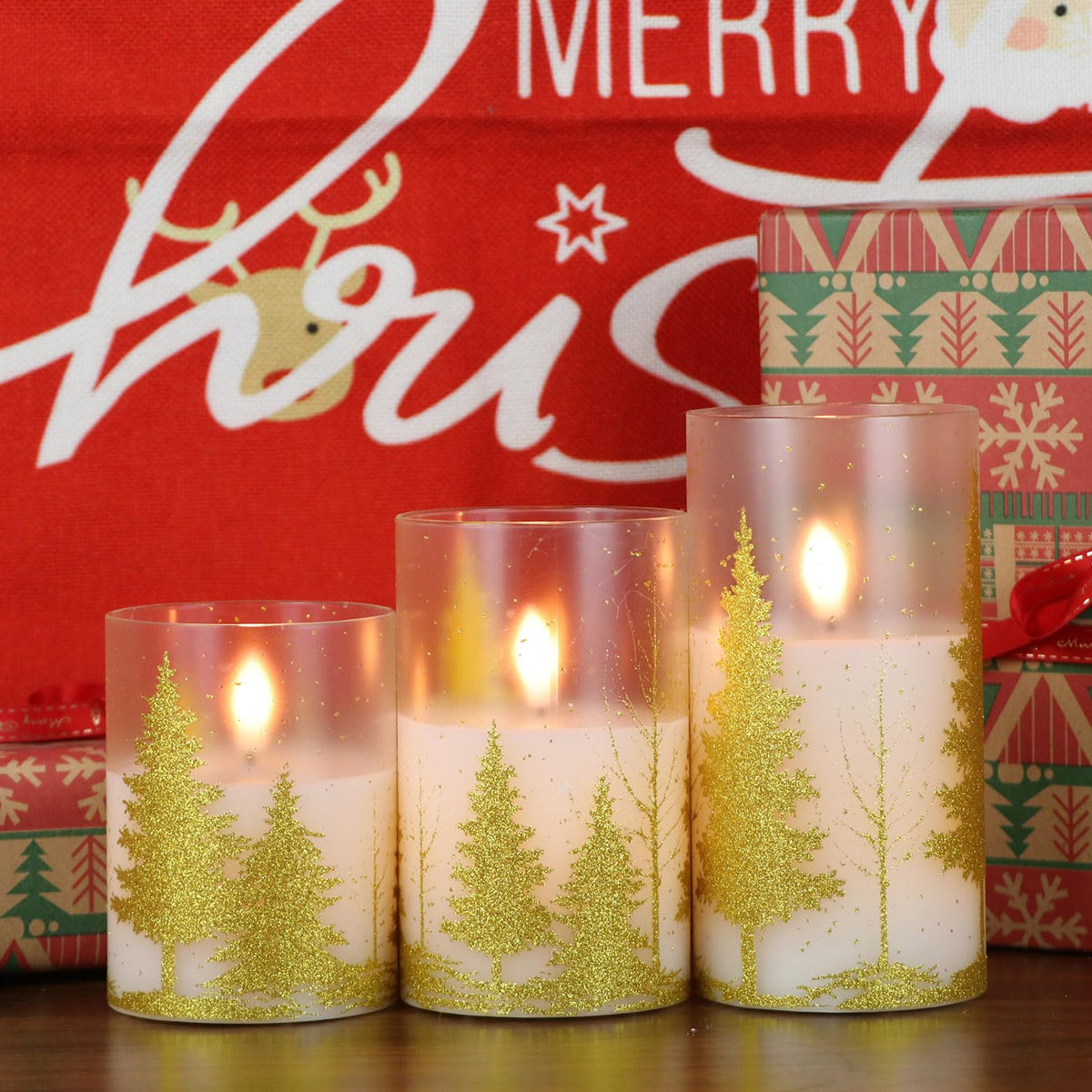 DRomance Christmas Tree Glass Flameless Candles with Remote Timer Battery Operated Real Wax 3D Wick LED Flickering Pillar Candles Christmas Holiday Decor(Gold, 3 x 4,5,6 Inch)