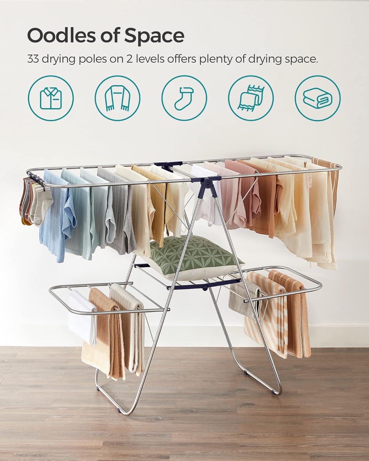 SONGMICS Foldable Clothes Drying Rack - 2-Level Laundry Airer with Adjustable Wings & 33 Rails | Silver & Blue