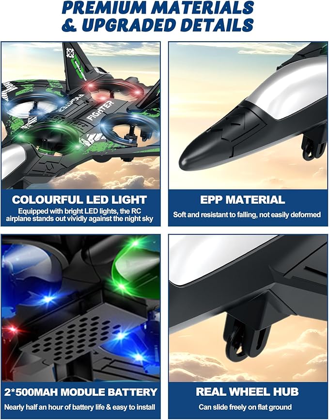 Drones for Kids Form RC Plane Remote Control Airplane Aircrafts for Boys and Girls Jet Helicopter Drones with LED Lights 360° Flip 2 Rechargeable Batteries (Green)