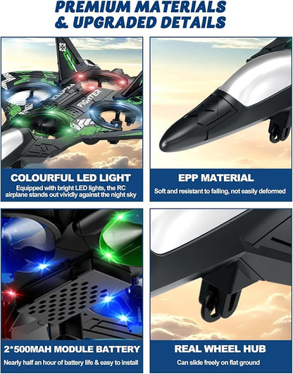 Drones for Kids Form RC Plane Remote Control Airplane Aircrafts for Boys and Girls Jet Helicopter Drones with LED Lights 360° Flip 2 Rechargeable Batteries (Green)