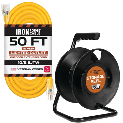Iron Forge Cable 10 AWG Extension Cord 50 ft with Heavy Duty Extension Cord Reel Metal Stand, Holds Up to 100 ft of Extension Cord - 3 Prong Yellow with Lighted Ends SJTW