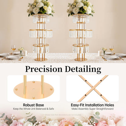 2 PCS Crystal Vases for Centerpieces, 43.3 in Tall Metal Pedestal Stands with Hanging Crystals for Table Chandelier Centerpiece, 5 Tiers Flower Stand for Wedding Reception Party (Gold, Round Base)