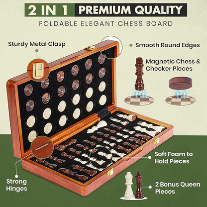 15'' 2 in 1 Wooden Magnetic chess and checkers set (2 Extra Queens Foldable Chess set &amp Cotton Storage Bag) Magnetic Chess Sets for Adults with Color Gift Box Handmade Checkers Board Game
