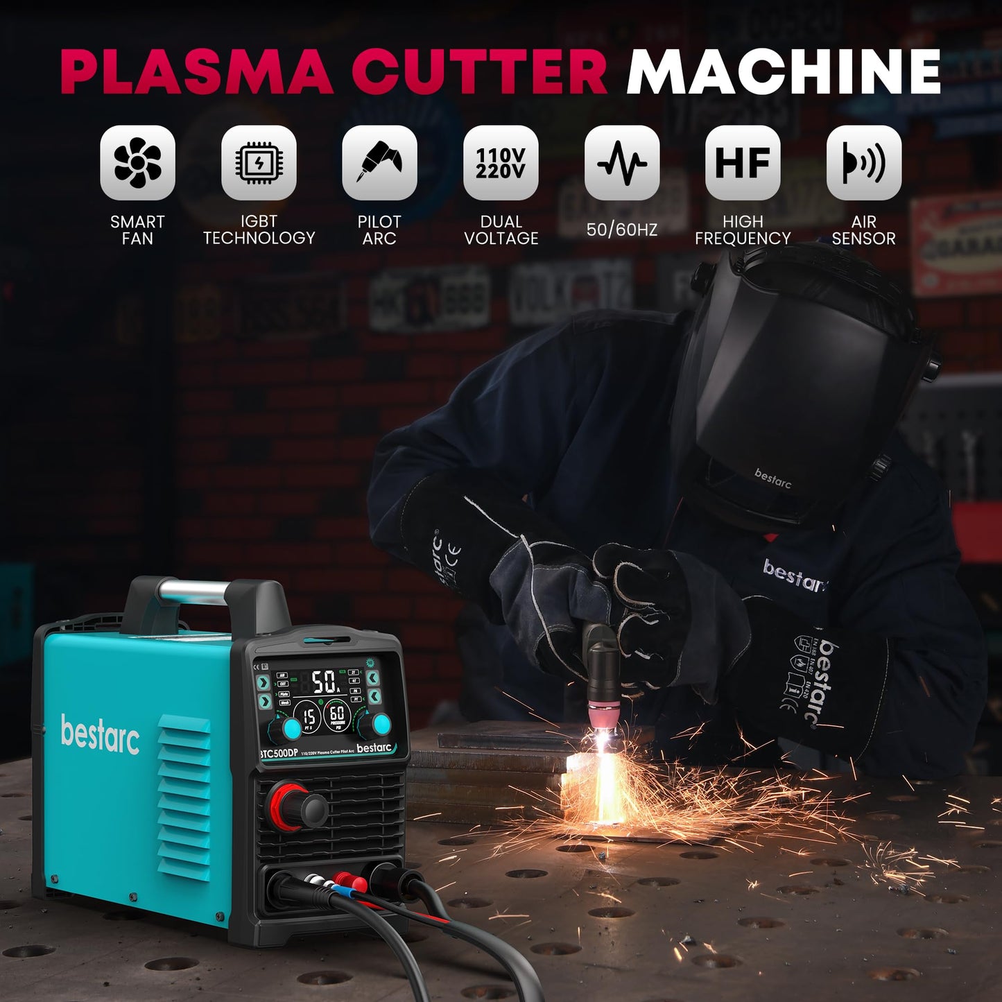 bestarc Pilot Arc Plasma Cutter, [Large LED Display][Air Sensor] 50A Plasma Cutter Machine 110/220V Dual Voltage, 1/2 Inch Clean Cut 4/5 Inch Max Cut, Post Flow Mesh, 2T/4T for Beginners DIY