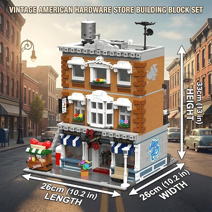 Vintage American Hardware Store Building Blocks 3-Story Modular Street View with Hot Dog Cart &amp 7 Figures 3642 Pieces Adult Building Kit Collectible City Architecture Model