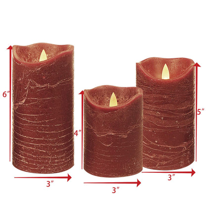 CANDLE CHOICE Battery Operated Flameless Candles with Timer Real Wax Realistic Flickering Electric LED Pillars Automatic Built-in Daily Cycle Timer 6-hour on 18-hour off 3 Pack Rustic Texture Burgundy