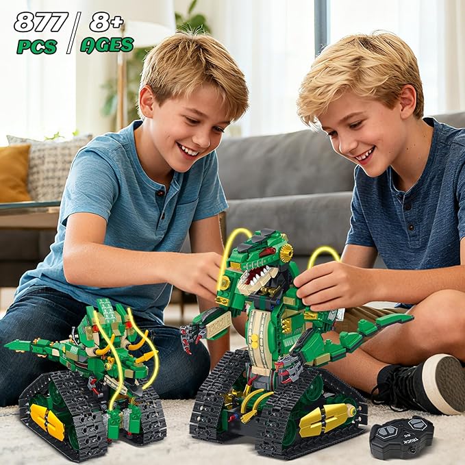 RC Dinosaur Building Toy with Light 5 in 1 Remote Controll Building Block Kit 877 PCS Tech Rechargeable Dinosaur Robot Toys Easter Birthday for Kids Boys Age 8 9 10 11 12+