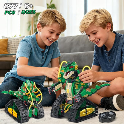 RC Dinosaur Building Toy with Light 5 in 1 Remote Controll Building Block Kit 877 PCS Tech Rechargeable Dinosaur Robot Toys Easter Birthday for Kids Boys Age 8 9 10 11 12+