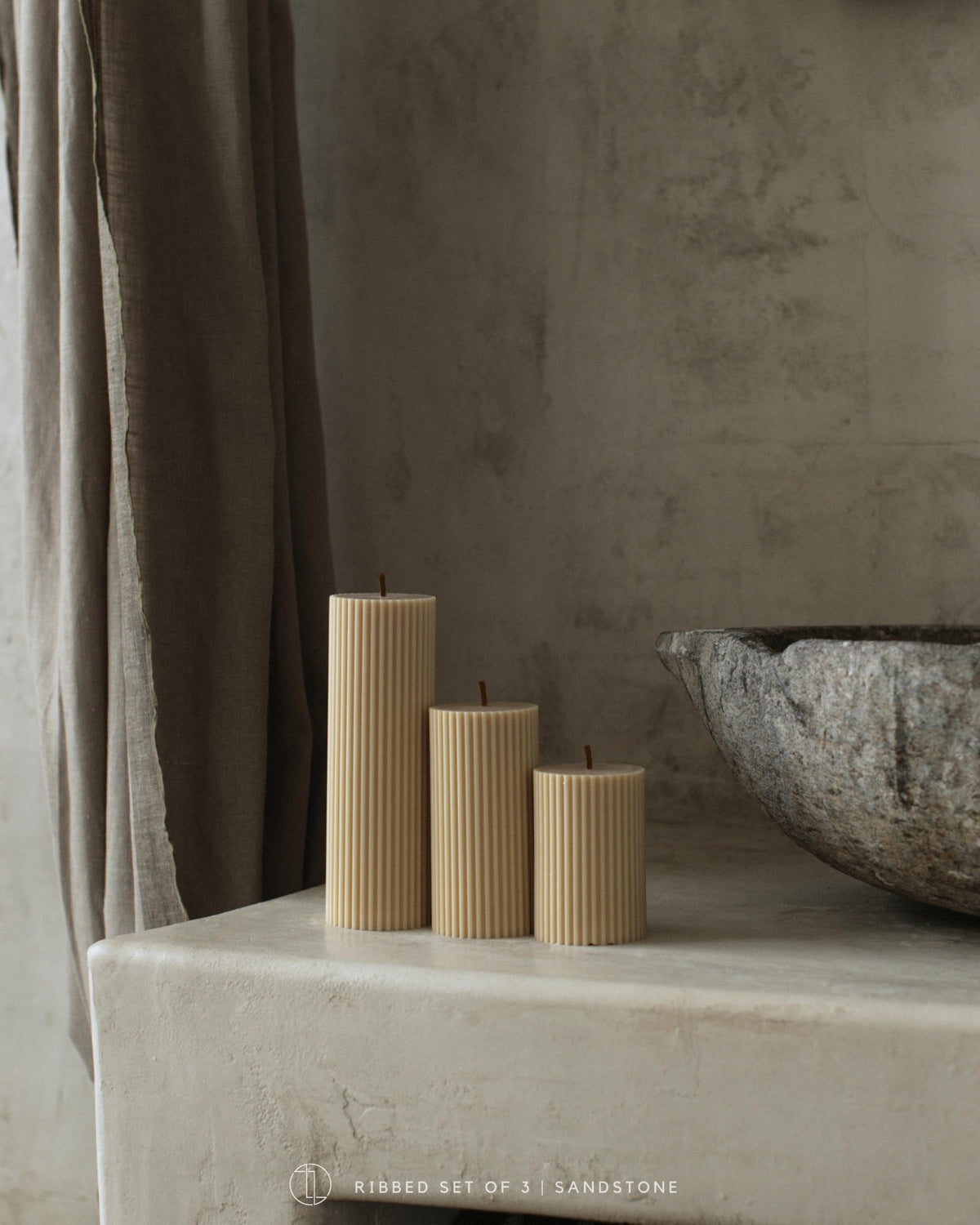 LAWA Roman Handmade Tall Ribbed Pillar Candle - Beautiful Scented Soy Wax Dinner Candle | Classic Aesthetic Decoration Set | Housewarming Gift | Home Room Shelf Decor Idea - Sandstone (Set of 3)