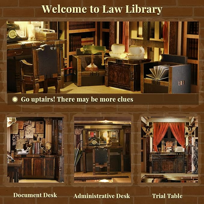 DIY Book Nook Kit for Adults 3D Wooden Puzzle Bookend Bookshelf Insert Decor with LED Light and Dust Cover (Law Library)
