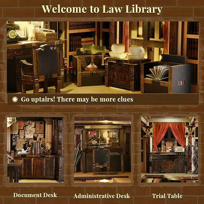DIY Book Nook Kit for Adults 3D Wooden Puzzle Bookend Bookshelf Insert Decor with LED Light and Dust Cover (Law Library)