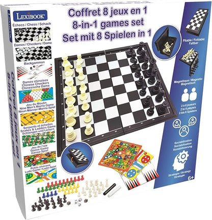 LEXiBOOK 8-in-1 Games Set Chess Checkers Backgammon Chinese Checkers Nine Men's Morris Snakes &amp Ladders Goose Ludo 2-6 Players Ages 6+