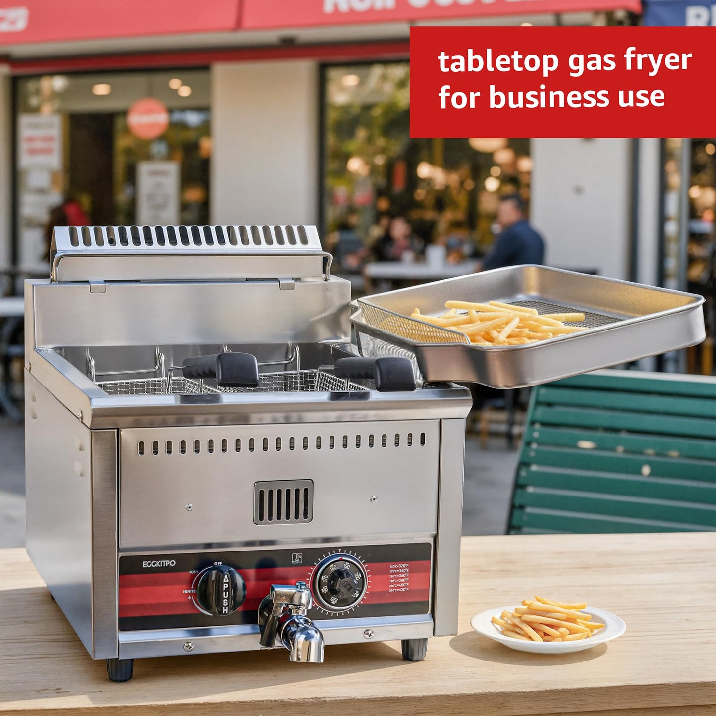 EGGKITPO 45.6LB Commercial Propane Gas Fryer with ignition 22200 BTU/h 2 Baskets Stainless Steel Oil Drain Rack Flat Lid Countertop Deep Fryer with Temp Control and Valve for Food Truck Restaurant