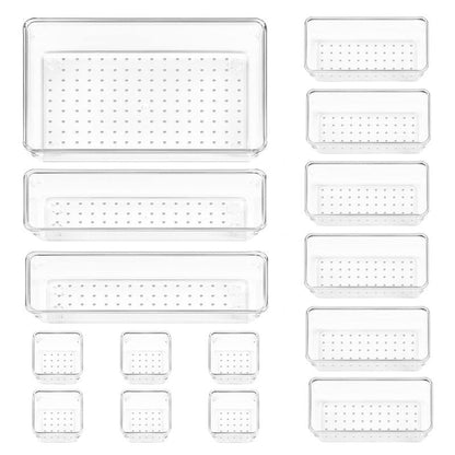 Vtopmart 15 PCS Clear Plastic Drawer Organizers Set, 4-Size Versatile Bathroom and Vanity Organizer Trays, Non-Slip Storage Containers for Makeup, Jewelries, Bedroom，Kitchen Utensils and Office