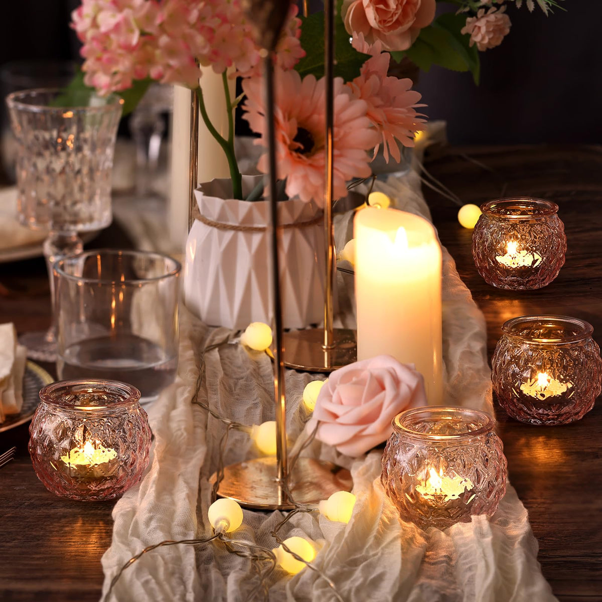 DARJEN 48Pcs Pink Votive Candle Holders- Round Candle Holders Bulk for Flameless LED Tea Waxes, Romantic Candle Holder for Wedding & Home Table Decor, Various Parties