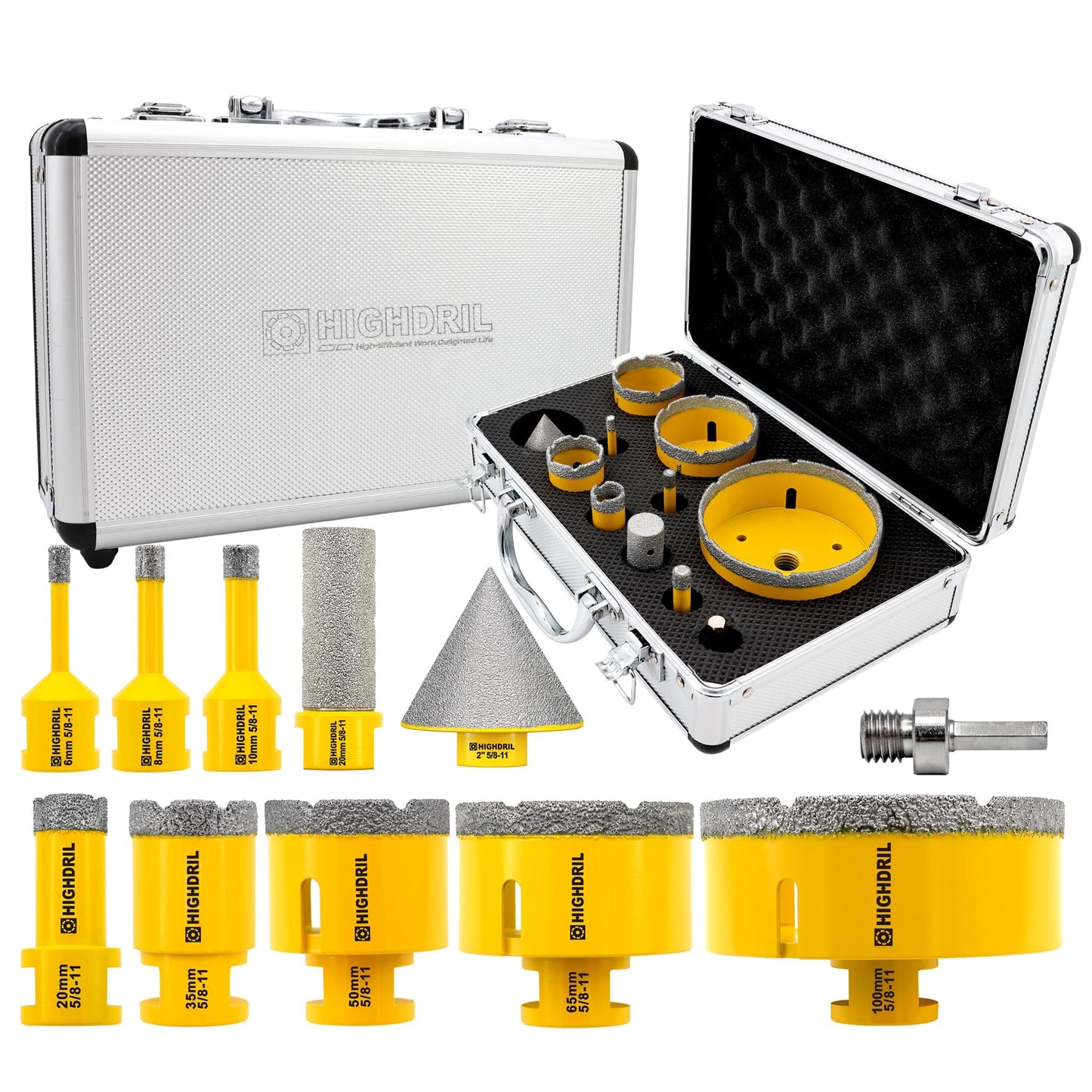 HIGHDRIL Diamond Drill Bits Kit with 5/8-11 for Porcelain Tile Ceramic Marble Brick Concrete Vacuum Brazed Hole Saw(6/8/10/20/35/50/65/100mm+50mm Chamfer Bit+20mm Finger Bit+Adapter)