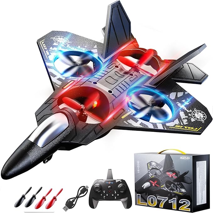 Foam Remote Control Airplane Drone for Kids Ages 8-12 Remote Control Jet with Lights 360° Flips Auto Hover Headless Mode One-Key Take Off &amp Landing Outdoor Flying Toy Gift for Boys