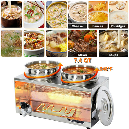 CTJ Electric Soup Warmer Two 7.4QT Nacho Cheese Warmer 304 Stainless Steel Commercial Food Warmer 86°F~185°F Adjustable, with Drain Faucet, Steam Table for Catering Restaurant Buffet