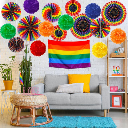 Outus Rainbow Love Heart Paper Fans - 21 Pcs Gay Pride Decorations for LGBT Celebrations