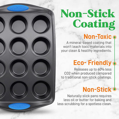 NutriChef 6-Piece Baking Pan Set - Nonstick Carbon Steel Bakeware with Blue Silicone Handles | Includes Cookie Sheets, Roaster Pan, Loaf Pan & Muffin Pan (Gray)