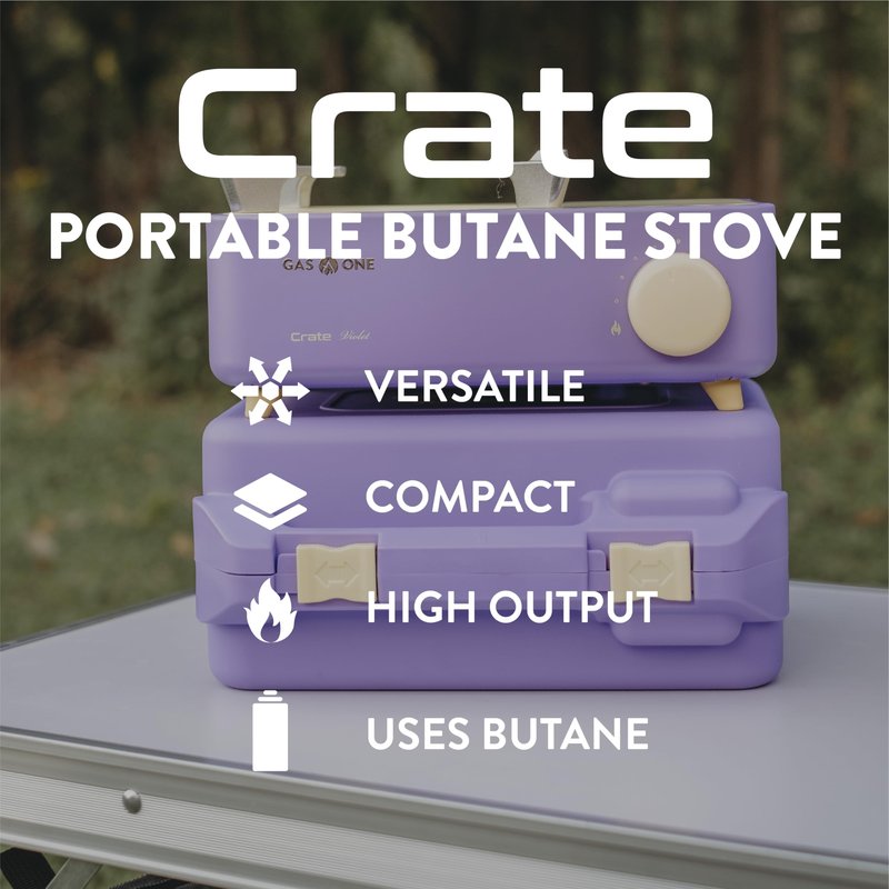 Gas One Butane Fuel Camp Stove – Crate Series - Mini Stove for Camping, Hiking – Portable Gas Stove with Spiral Flame – Even Heat Distribution – Modern and Easy to Use (Violet)