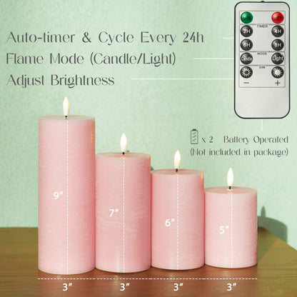 LUSHARBOR Flameless Candles, 4 Pack Battery Operated Candles with Remote, Real Wax LED Fake Candles with Timer Flickering for Christmas Wedding Home Party D3 H 5" 6" 7" 9" Pink