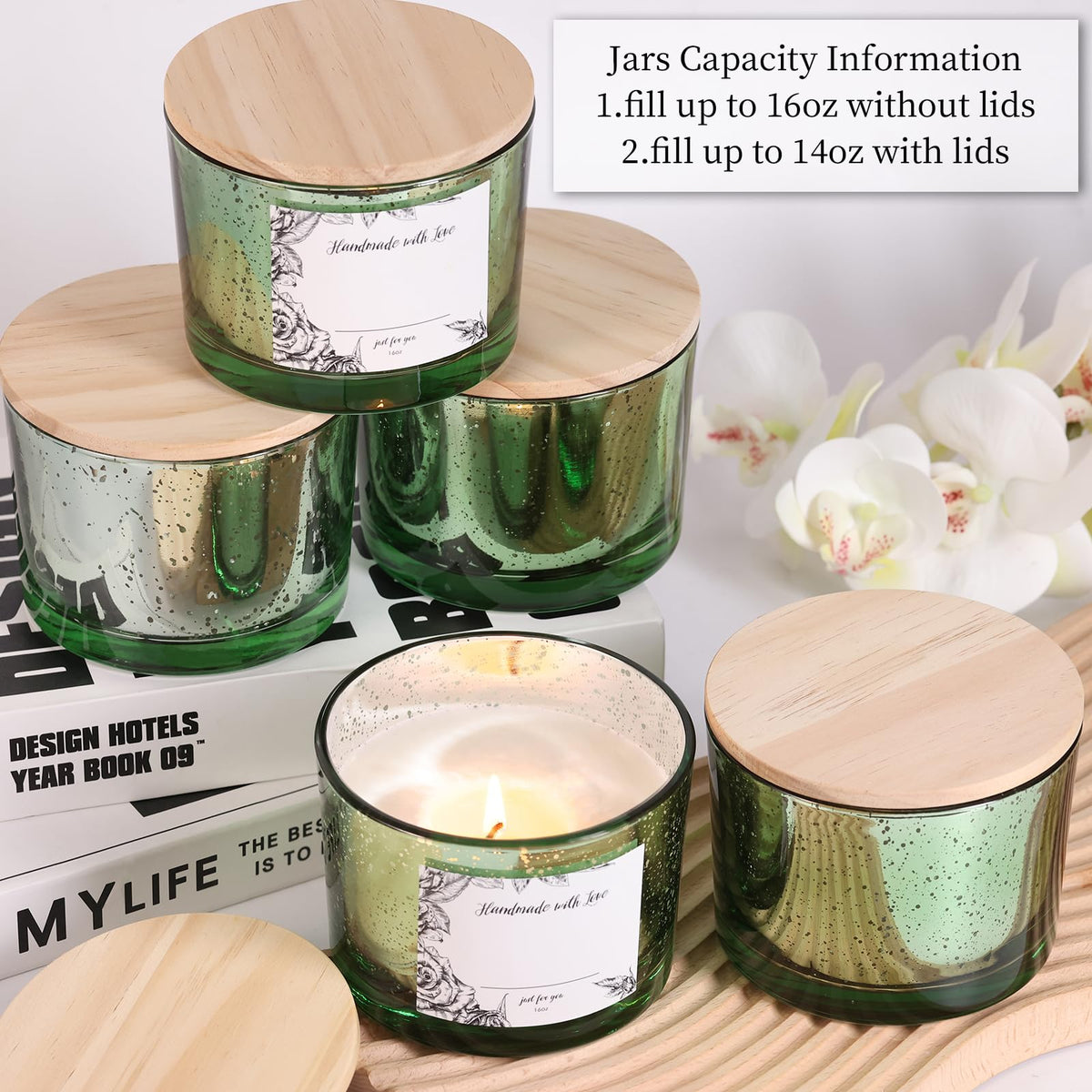 simeitol 16 OZ Green Candle Jars for Making Candles 6 Pcs, Glass Candle Jars with Airtight Bamboo Lids - Empty Candle Jar Bulk with Sticky Warning Labels - for Home Decor, Wedding, Christmas