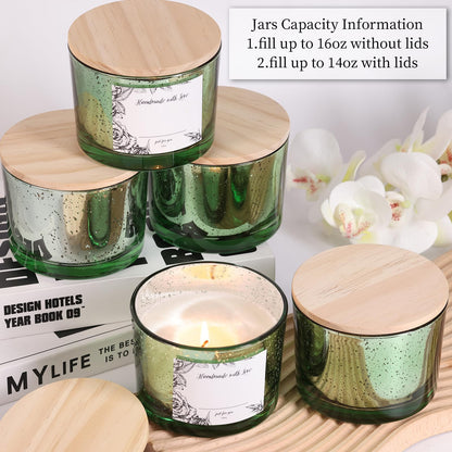 simeitol 16 OZ Green Candle Jars for Making Candles 6 Pcs, Glass Candle Jars with Airtight Bamboo Lids - Empty Candle Jar Bulk with Sticky Warning Labels - for Home Decor, Wedding, Christmas