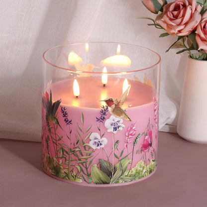 Girimax 3 Wick Pink Hummingbird Glass Flameless Candle with Remote, Large 6x6 inch LED Pillar Candle Battery Operated Flickering Spring Home Decor Gift