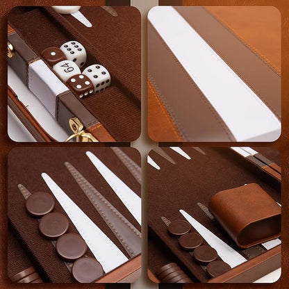 Backgammon Board Game Deluxe Leather Like Case Felt Interior Brown Classic Backgammon Game Popular Board Game Board Games (Large (18))