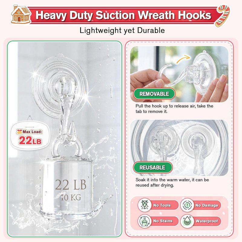 VIS'V Wreath Hanger, Large Suction Cup Wreath Hooks with Wipes, Heavy Duty, 22 LB Capacity, Removable and Reusable, Clear, 6 Pcs